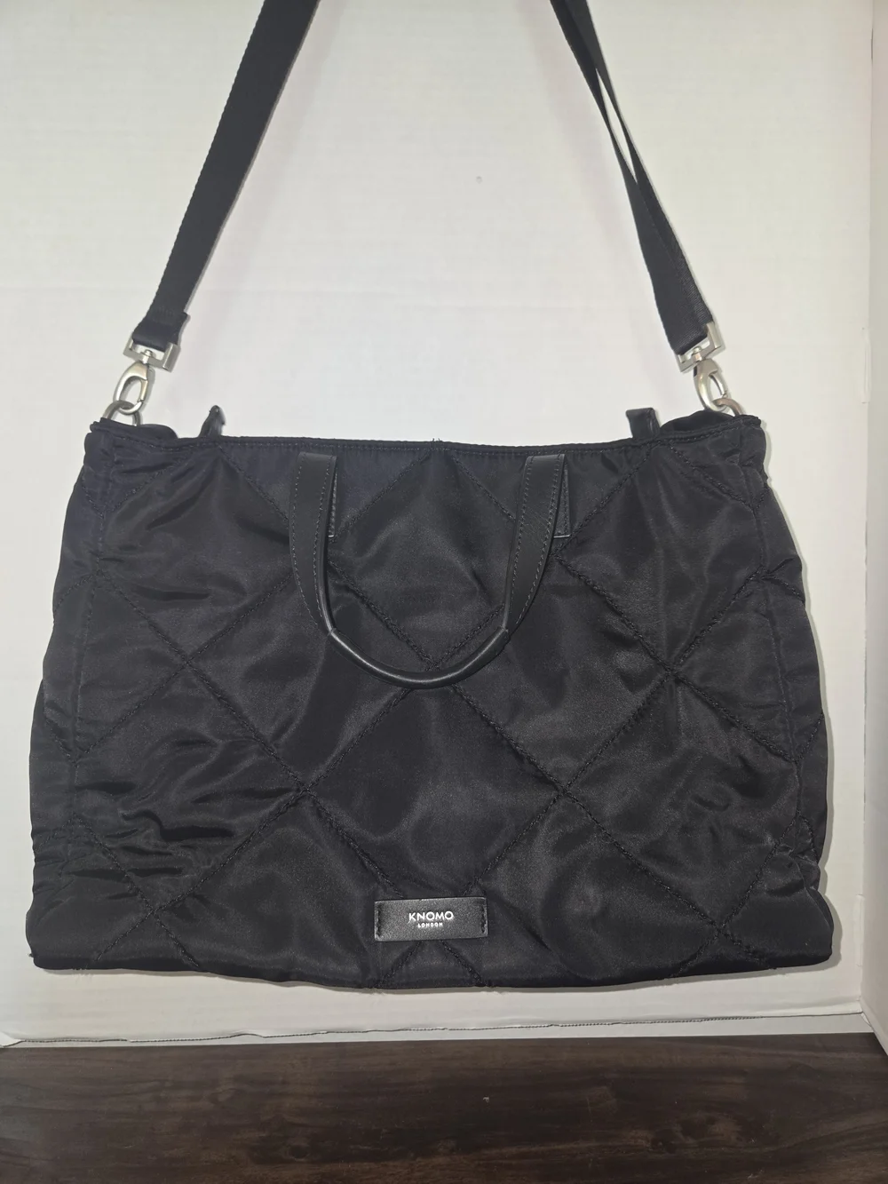 KNOMO Quilted Black Laptop Tote with Adjustable Strap